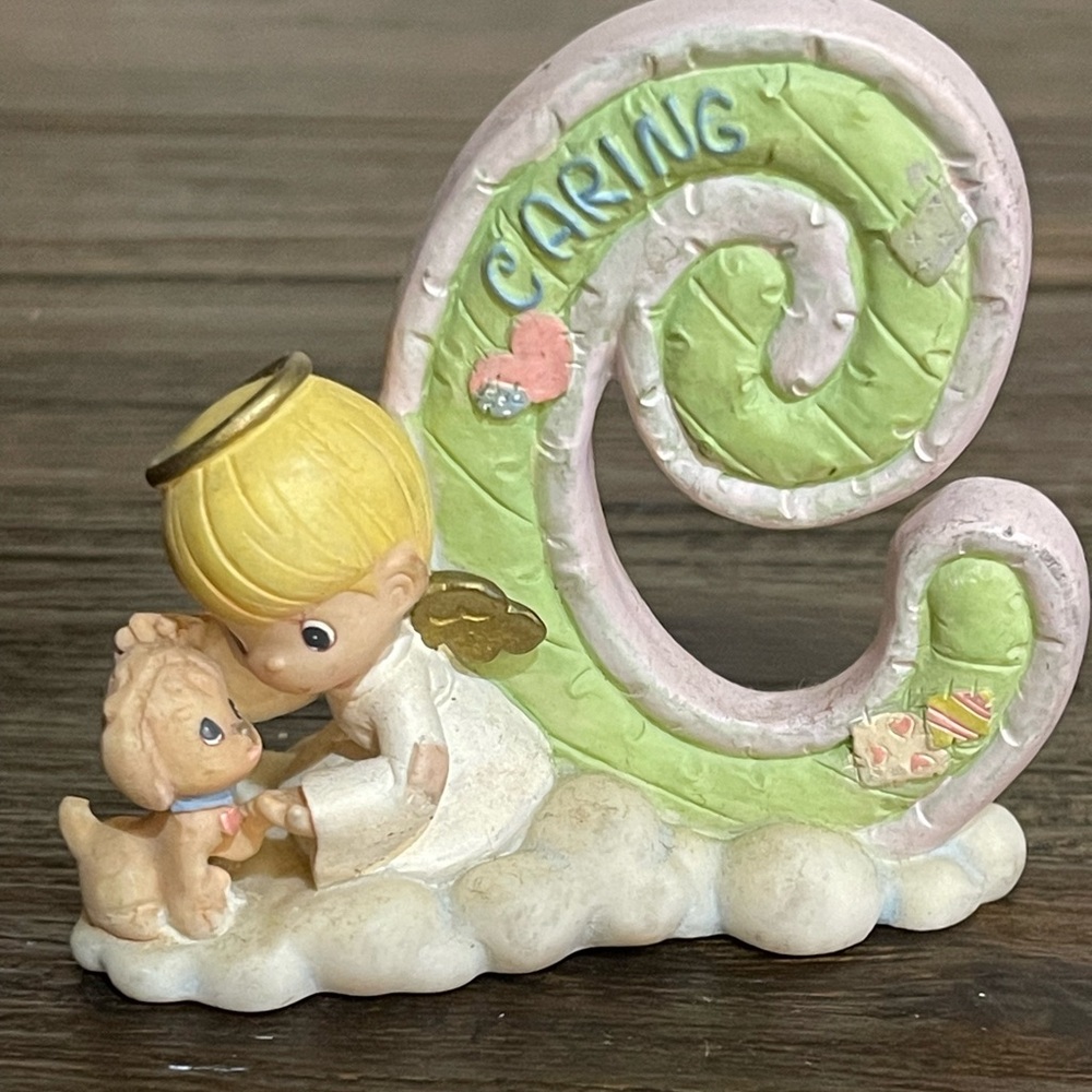 Vintage Angel boy Figurine with Puppy letter C